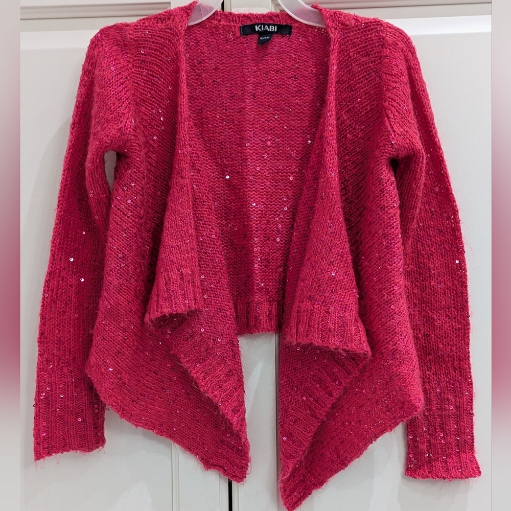 5/$35 Girls Red Knit Cardigan Size 6 Sequin Sweater Button Front Cozy